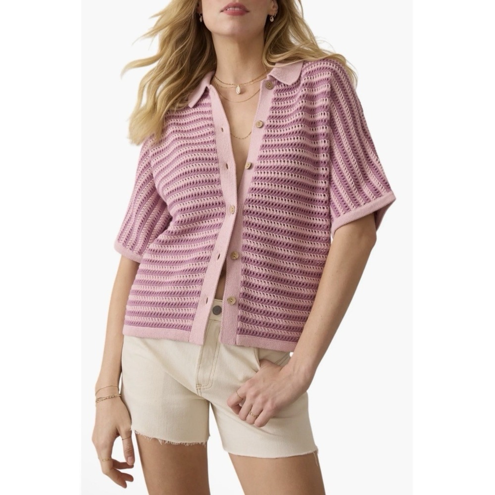 Faherty Crochet Short Sleeve Cardigan Women's Small Pink Mauve Striped Open Knit